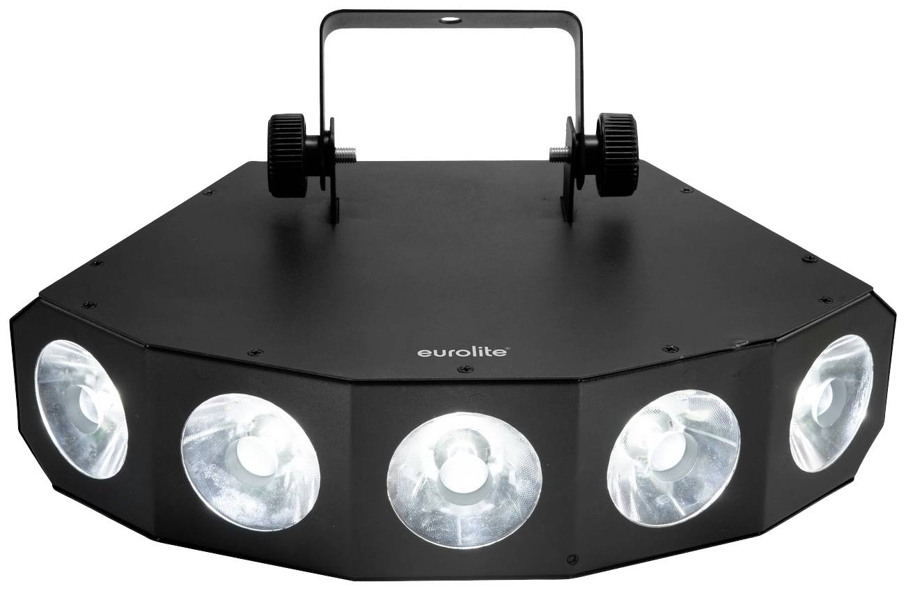 Ein schwarzes LED-Lichtgerät mit fünf runden Linsen strahlt helles Licht aus. Es hat einen Griff zur einfachen Befestigung.