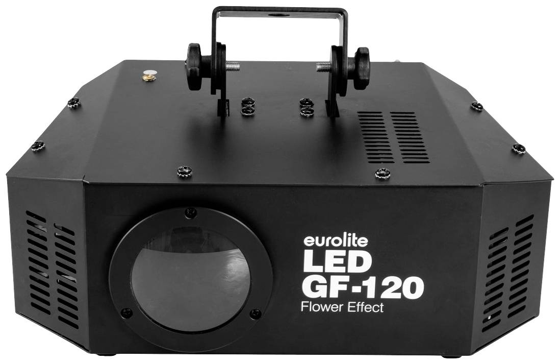 'Eurolite LED GF-120 Flower Effect' Lichtgerät, schwarzes Gehäuse, Tragegriff oben. Verwendet für Lichteffekte in Veranstaltungen.