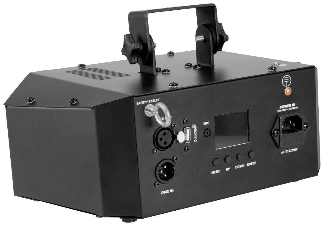 Schwarzes, rechteckiges elektronisches Gerät mit Griff und mehreren Anschlüssen. Label und Kontrolltasten auf der Vorderseite sichtbar.