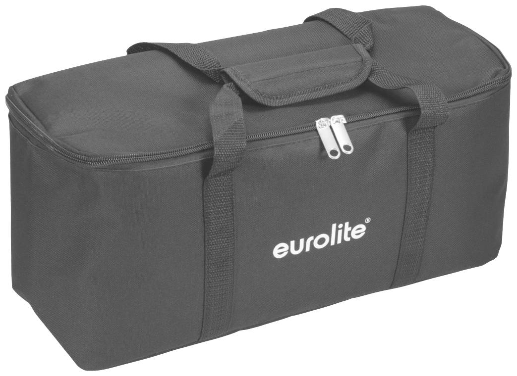 Schwarze Tragetasche mit dem Aufdruck 'eurolite', zwei Tragegriffen und Reißverschluss. Kunststoffmaterial, rechteckige Form.