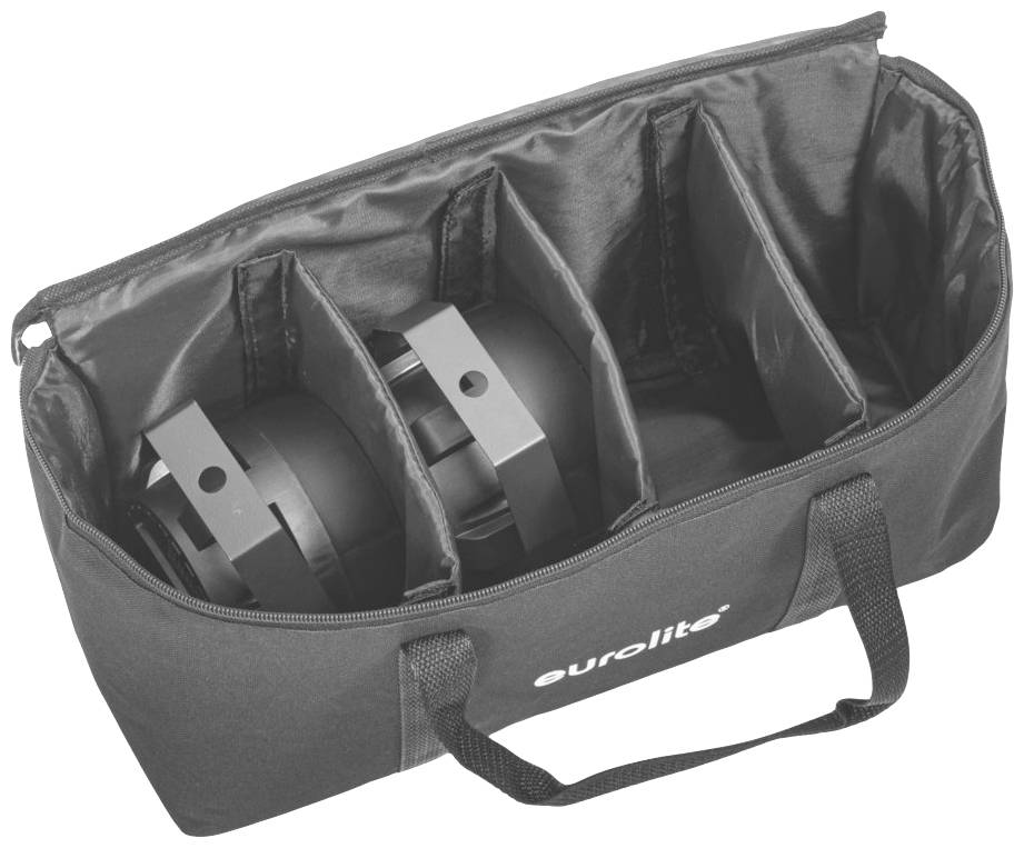 Schwarze Tasche mit mehreren gepolsterten Fächern, darin befinden sich zwei Scheinwerfer. Die Tasche trägt den Aufdruck 'eurolite'.