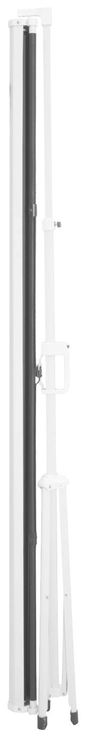 Ein zusammengeklapptes, weißes Stativ mit schwarzen Details, vermutlich für eine Leinwand oder ein Flipchart.