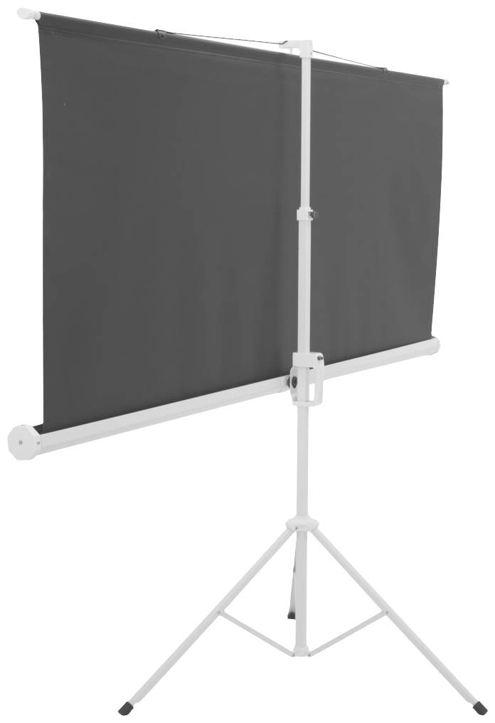 Leinwand auf einem dreibeinigen Ständer, bereit für Projektion oder Präsentation in einem Klassenzimmer oder Konferenzraum.