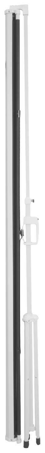 Weißer und schwarzer Teleskoparm, möglicherweise ein Stativbein, aufrecht stehend. Eignet sich vermutlich für Fotografie oder Präsentationen.