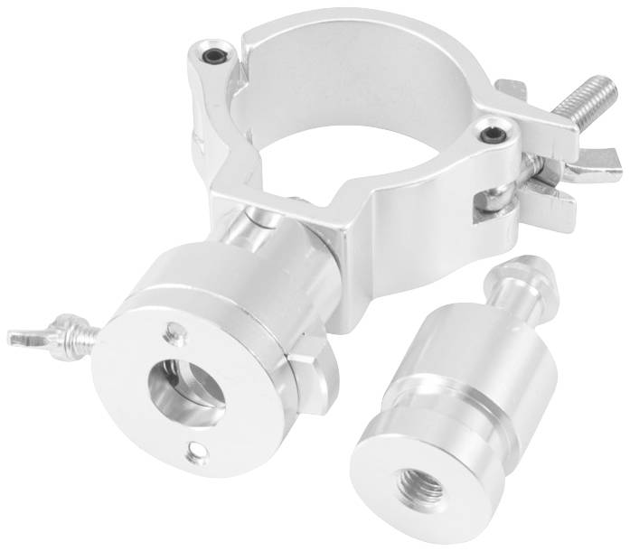 Silberne Rohrschelle mit zwei abnehmbaren Befestigungsstücken. Geeignet für Halterungs- und Verbindungsapplikationen in der Mechanik.