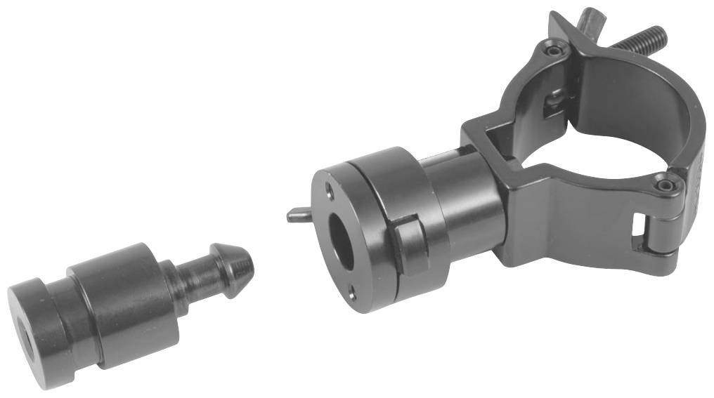 Metallteil mit Schrauben, wahrscheinlich eine Halterung oder Befestigungselement für ein Rohr oder Gestänge, aus zwei Komponenten bestehend.