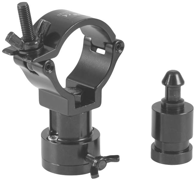Metallhalterung zur Befestigung mit Flügelschraube, neben abnehmbarem zylindrischem Adapter.