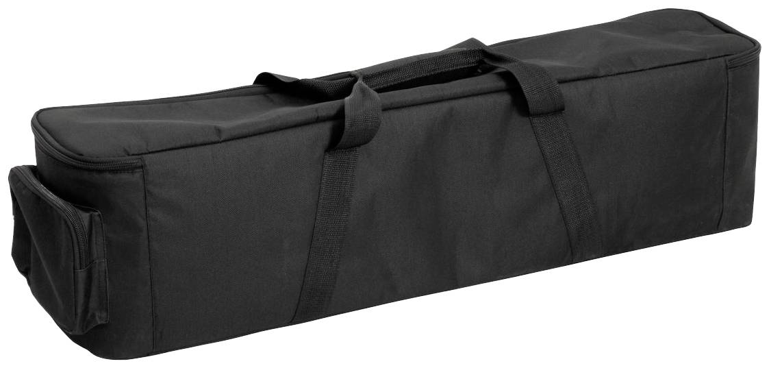 Eine lange, rechteckige, schwarze Tasche mit Griffen und einem Seitenfach, möglicherweise für Musikinstrumente oder Ausrüstung.