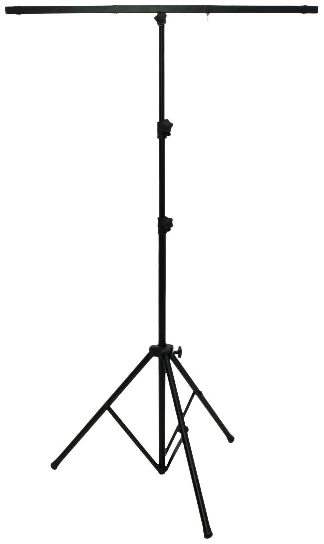Ein schwarzes Stativ mit verstellbaren Beinen und einer horizontalen Querstange, vermutlich für Beleuchtung oder Audio-Equipment.