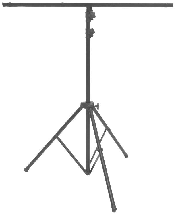 Ein schwarzes T-Stativ mit höhenverstellbarem Mittelteil und drei ausklappbaren Beinen, geeignet zur Befestigung von Beleuchtung.