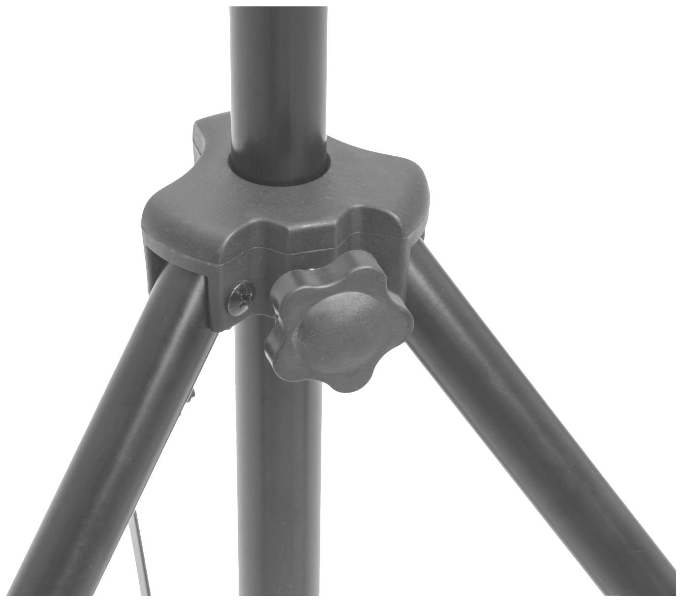 Ein Stativ zeigt die Beine und den einstellbaren Drehknopf zur Höhenverstellung, aus Metall gefertigt, geeignet für Kameras oder Leuchten.