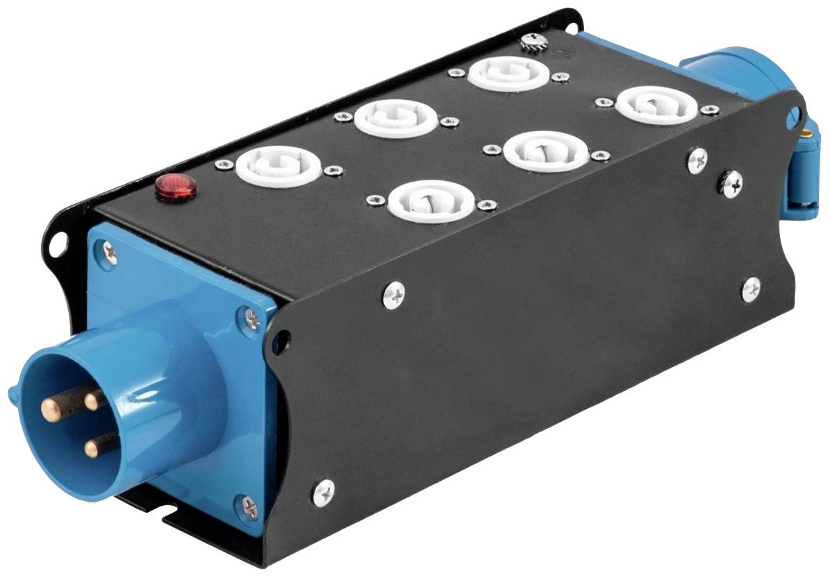Stromverteiler mit sechs weißen Buchsen und blauen Steckern an beiden Enden in einem schwarzen Gehäuse.
