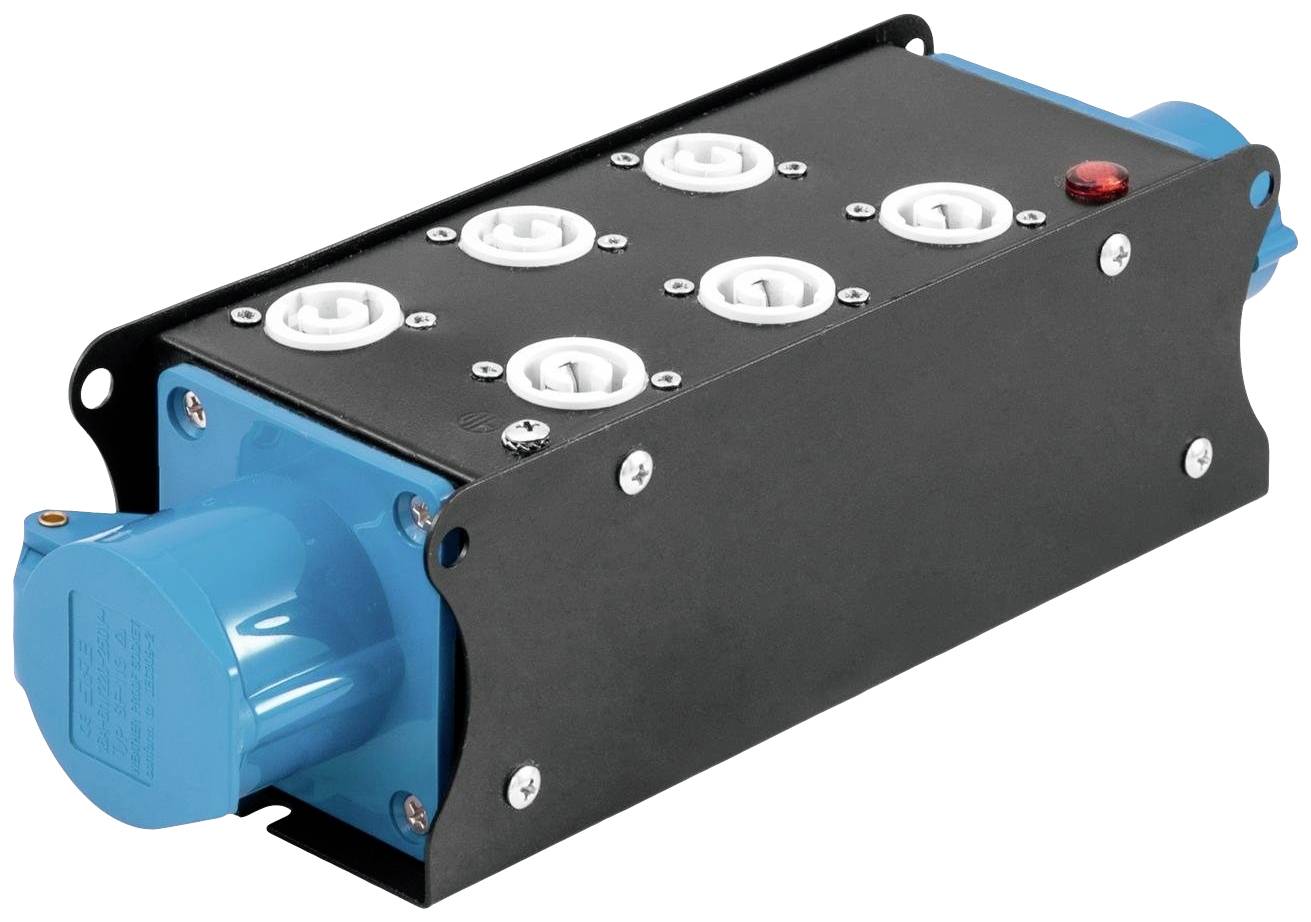 Ein schwarzer Mehrfachsteckdosen-Adapter mit sechs weißen Steckdosen und einem roten Schalter auf einer Seite montiert.