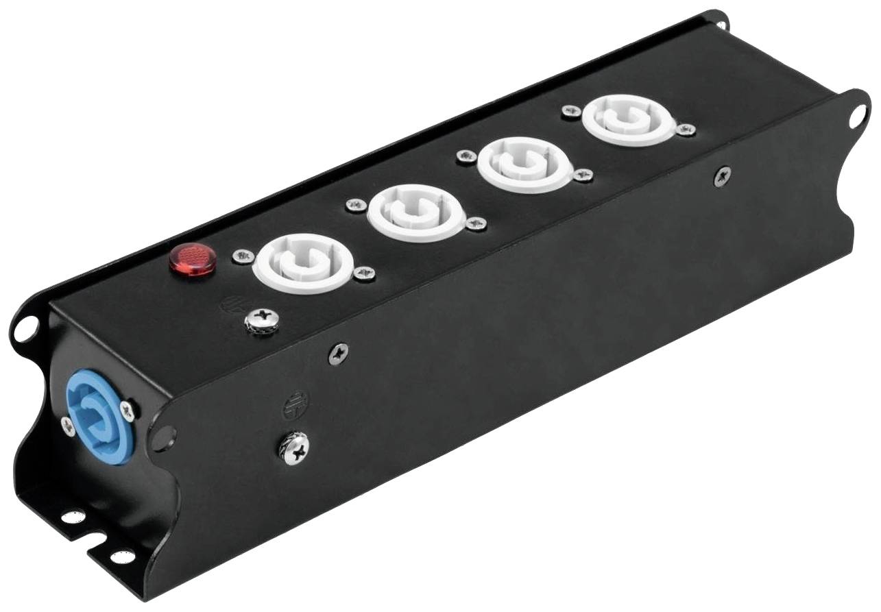 Ein schwarzer Adapterblock mit vier weißen Steckdosen, einem blauen Anschluss an der Seite und einem roten Schalter auf der Oberseite.