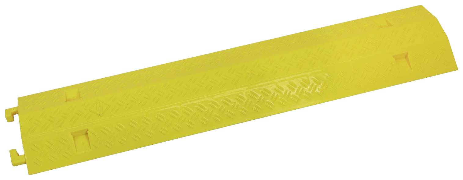 Gelbe Kabelbrücke aus Kunststoff, mit rutschhemmender Oberfläche und integriertem Kabelkanal. Geeignet zur Sicherheit auf Baustellen.