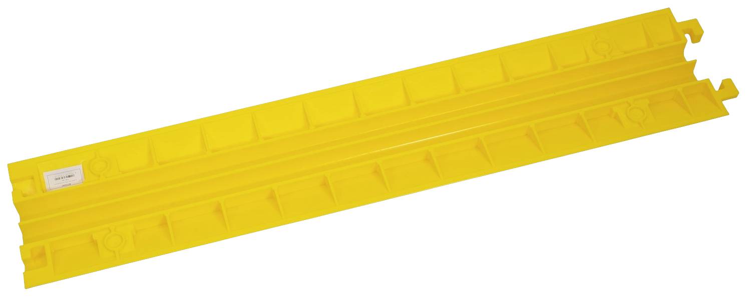 Gelbes rechteckiges Kunststoffteil mit Haken an den Enden, möglicherweise eine Halterung oder eine Abdeckung.