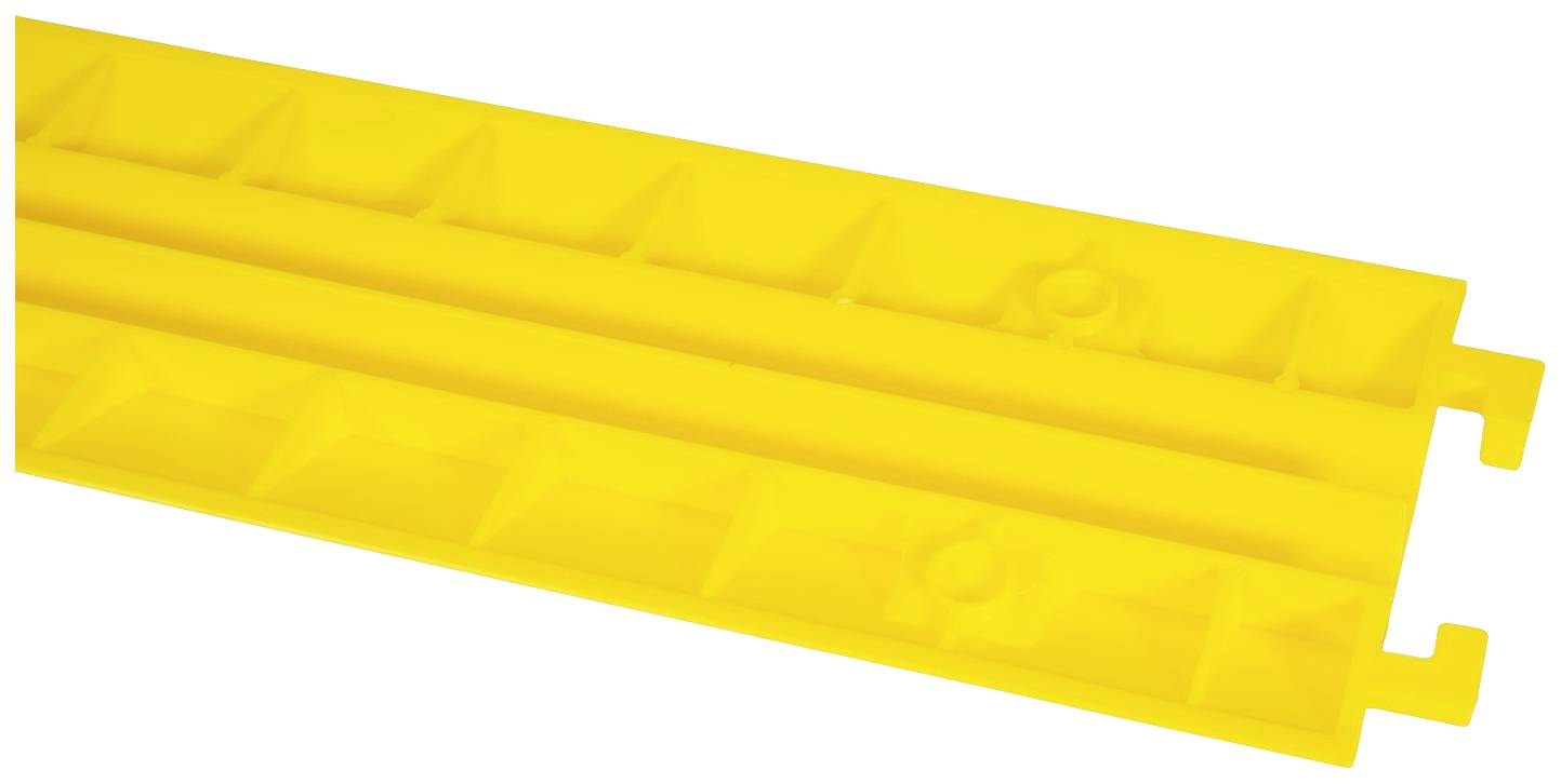Gelbe Kabelbrücke mit rutschfester Oberfläche, rechteckigem Profil und seitlichen Verbindungselementen zur sicheren Kabelverlegung.