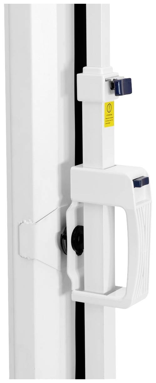 Weißer Türgriff an einem Türrahmen mit Sicherheitsschloss und Warnetikett.