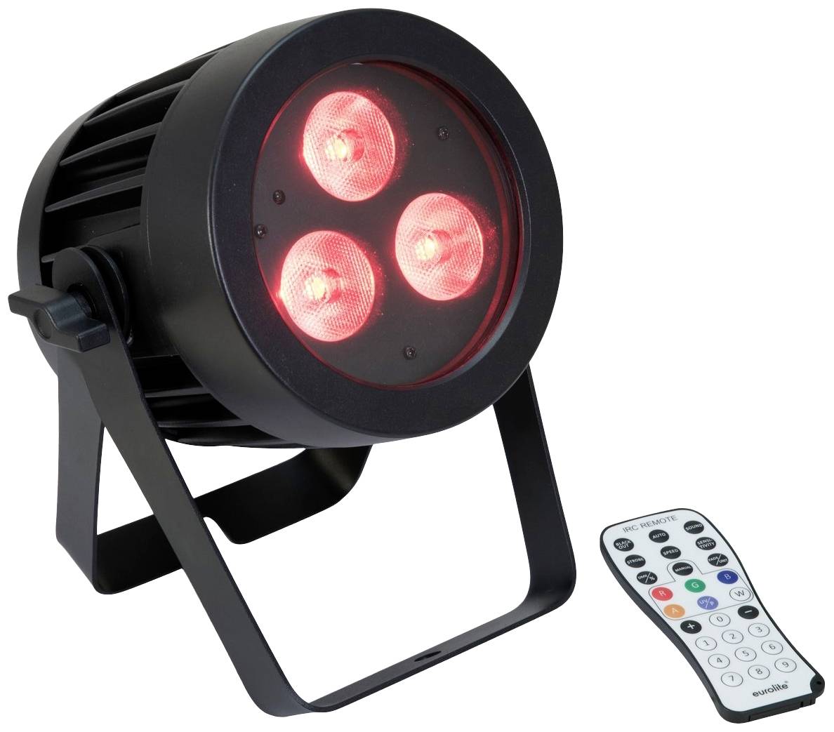 Ein schwarzer LED-Scheinwerfer mit drei leuchtenden roten LEDs, daneben eine Fernbedienung mit bunten Tasten zur Steuerung.
