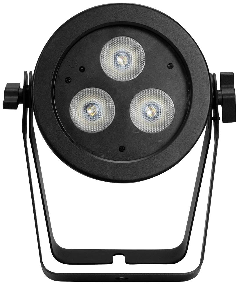 Schwarzer LED-Fluter mit drei Leuchtbereichen, geeignet für Bühnen- oder Eventbeleuchtung.