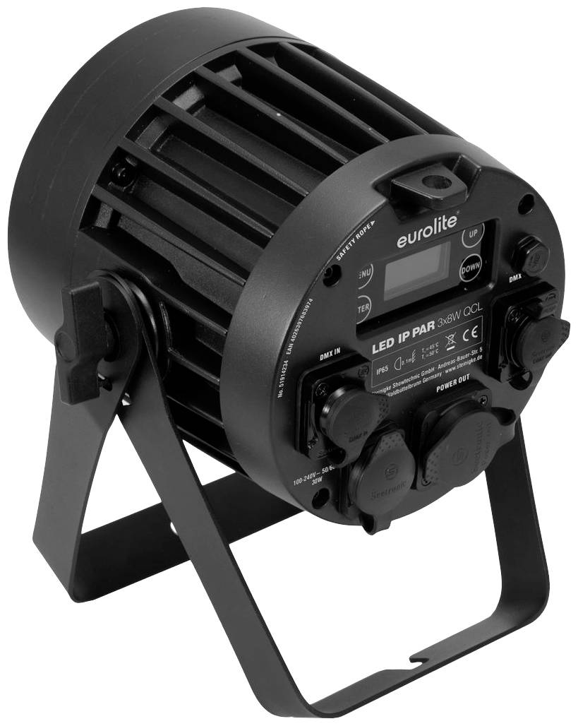 Ein schwarzer LED-Scheinwerfer mit Markenlogo 'eurolite' und Modell 'LED IP PAR 36W QCL', montiert auf einem Stativ. Geeignet für Bühnenbeleuchtung.