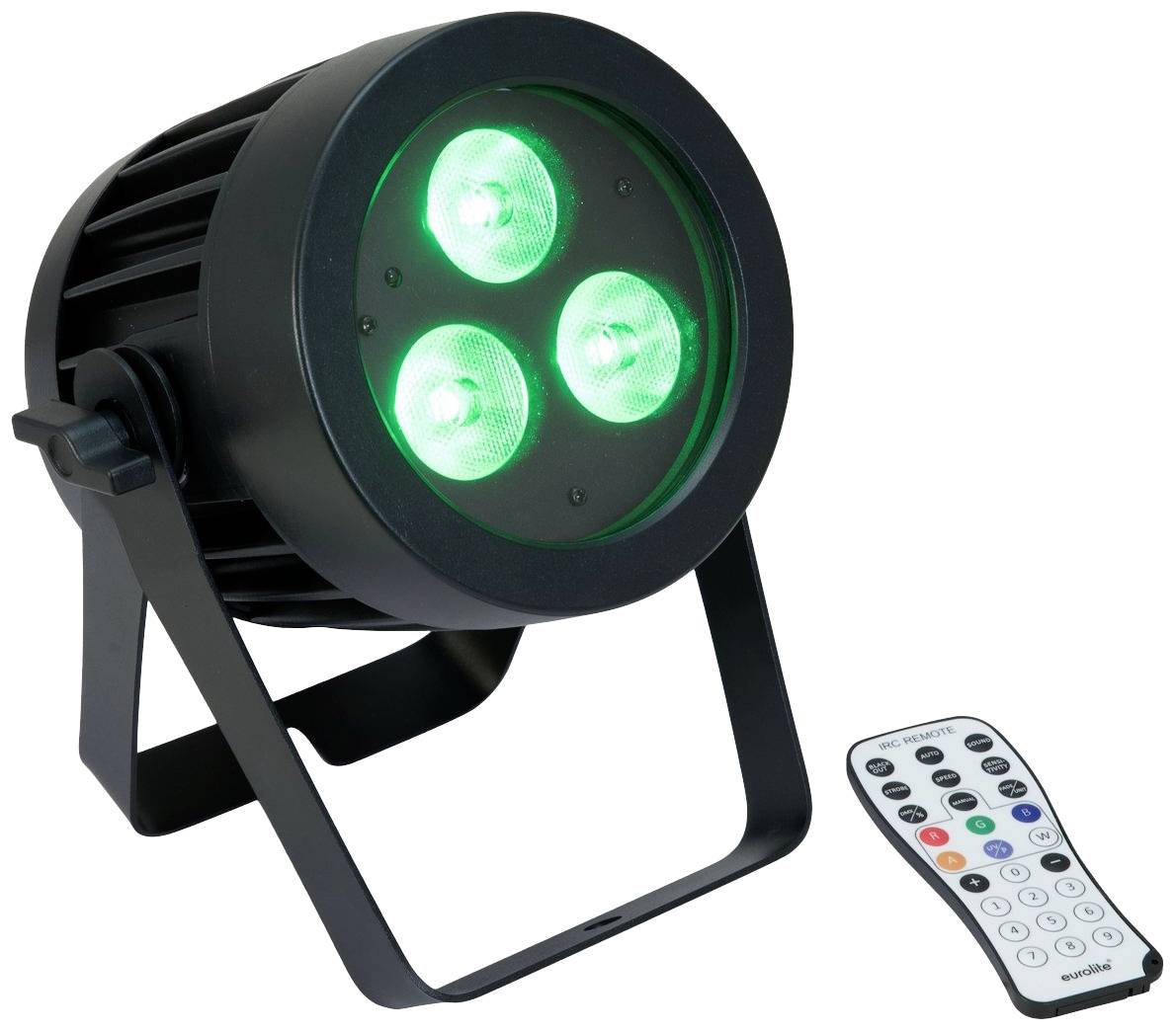 Ein schwarzer LED-Scheinwerfer mit drei grünen leuchtenden Lichtern und einer grauen Fernbedienung mit bunten Tasten davor.