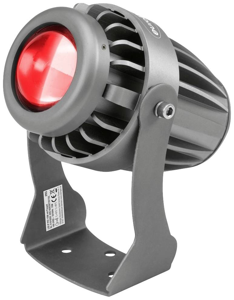 Ein grauer LED-Strahler mit rotem Licht, montiert auf einem verstellbaren Stativ. Entworfen für Beleuchtung und Dekoration.