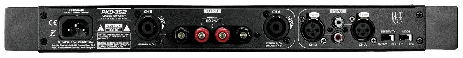 Omnitronic PKD-352 Stereo-Endstufe RMS Leistung je Kanal an 4 Ohm: 175W