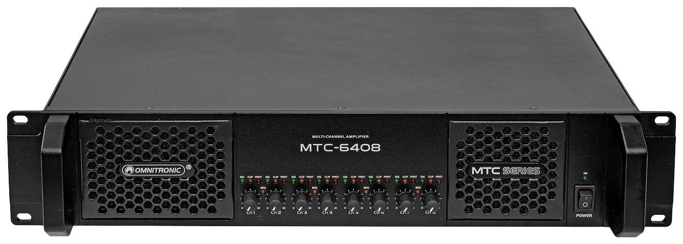Verstärker mit der Aufschrift 'Omnitronic MTC-6406', Frontansicht mit Lüftungsgittern und Kontrollleuchten, geeignet für Audiosysteme.