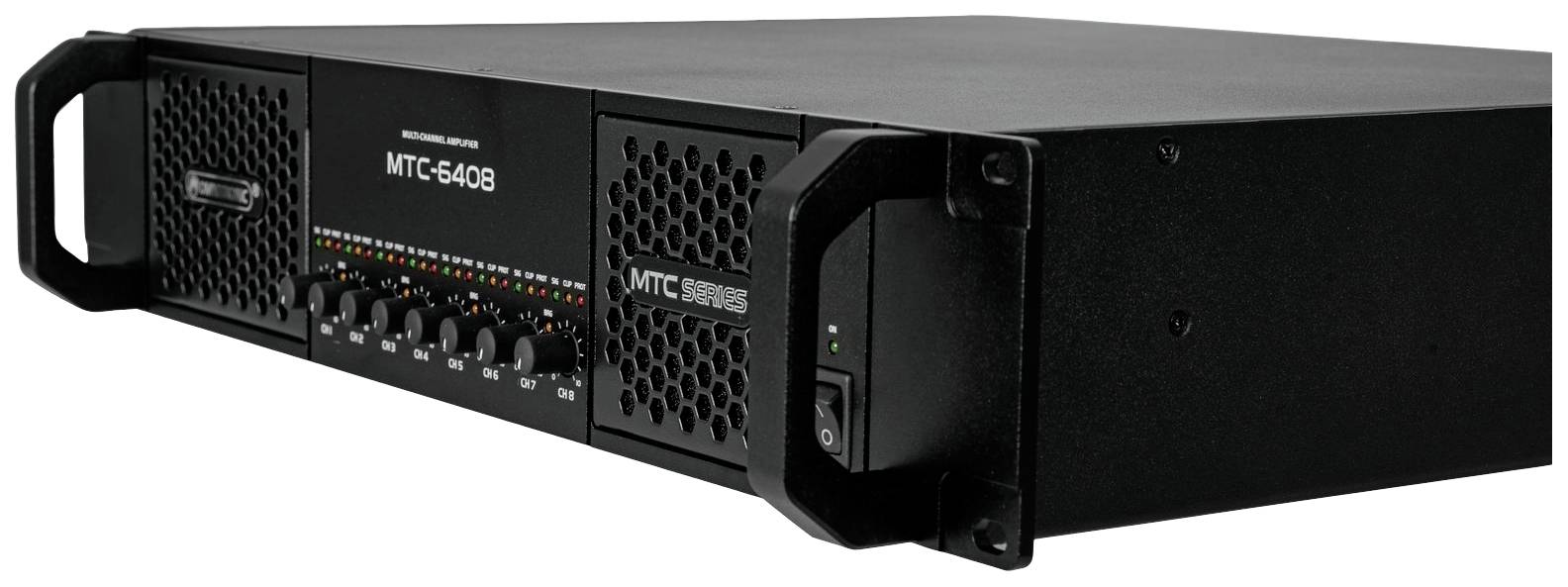 Ein schwarzer Audioverstärker mit der Bezeichnung 'MTC-640B', mehreren Knöpfen und einem Lüftungsgitter ist abgebildet.