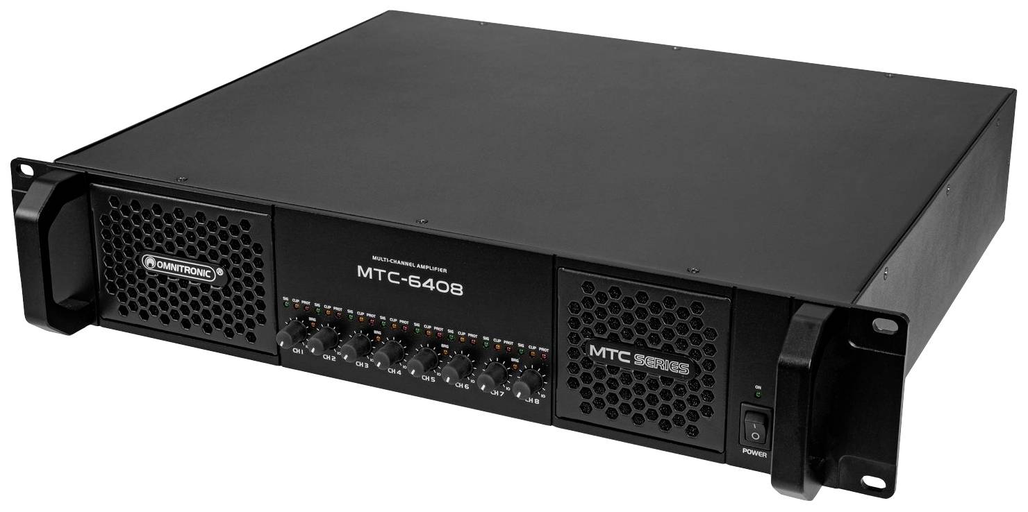 'Montarbo MTC-6408' Verstärkergerät, schwarz, mit mehreren Knöpfen und Lüftungsgittern vorne, leistungsstarkes Audiogerät.