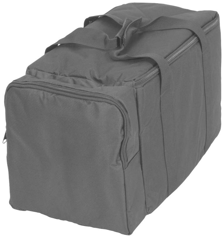 Eine große, rechteckige, schwarze Tasche mit zwei Tragegriffen und mehreren Reißverschlussfächern, geeignet für den Transport.