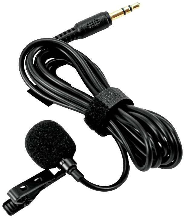 Schwarzes Ansteckmikrofon mit Kabel und 3,5-mm-Klinkenstecker, geeignet für Audioaufnahmen oder Präsentationen.