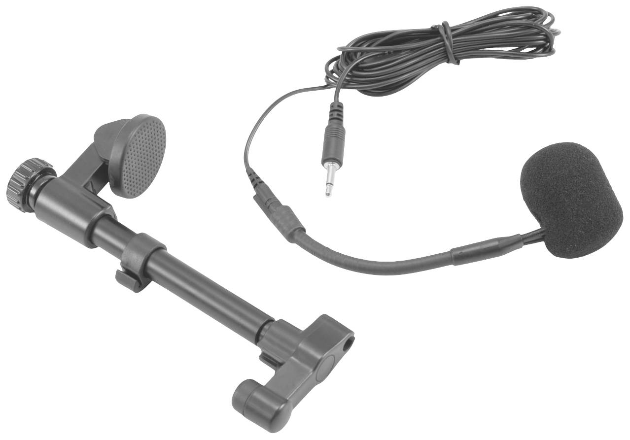 Ein schwarzes Mikrofon mit verstellbarem Ständer und Kabel, das in eine Audiobuchse eingesteckt werden kann. Ideal für Aufnahmen.