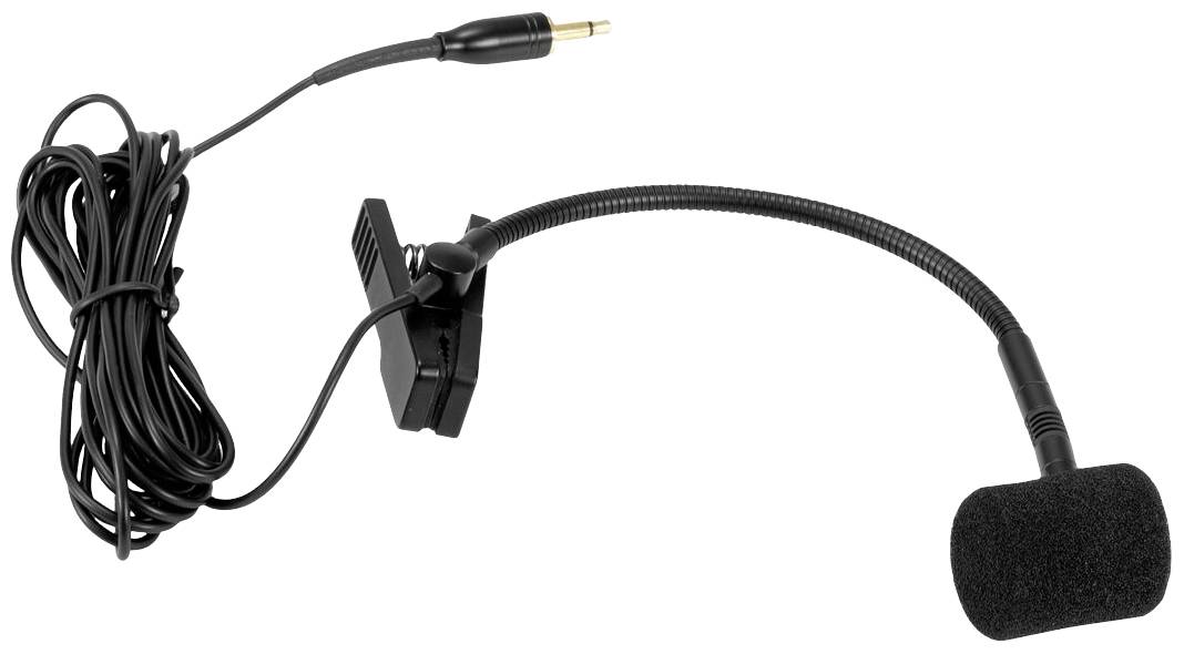 Ein schwarzes Ansteckmikrofon mit flexiblem Hals und Kabel mit 3,5-mm-Klinkenstecker, geeignet zum Aufnehmen von Sprache.