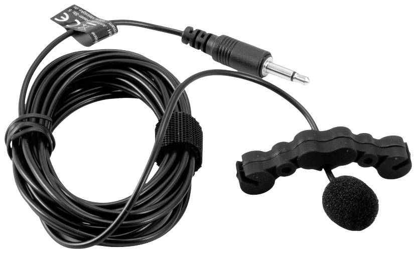 Ansteckmikrofon mit Kabel und 3,5-mm-Stecker, geeignet zur Aufnahme oder für Sprachverstärkung, auf weißem Hintergrund.