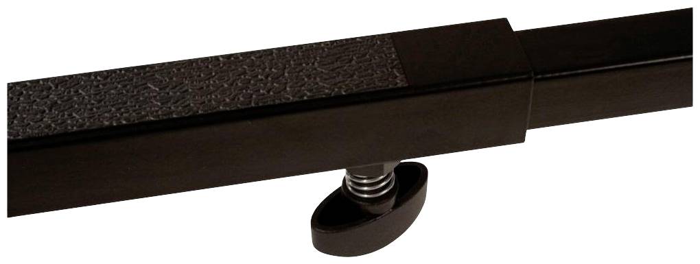 Nahaufnahme eines schwarzen, rechteckigen Metallbalkens mit strukturierter Oberfläche. Ein federbelasteter Knopf befindet sich darunter.