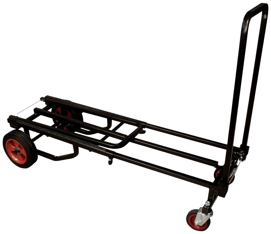 Ein zusammenklappbarer Handwagen mit einem schwarzen Metallrahmen, großen roten Rädern hinten und zwei kleineren Lenkrollen vorne.