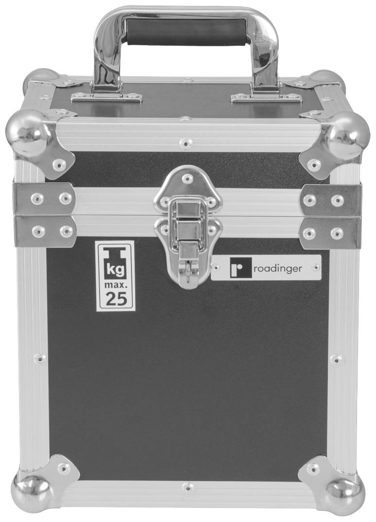 Schwarzer Transportkoffer für bis zu 25 kg, mit silbernen Metallecken und Verschluss. Markiert mit 'roadinger'.