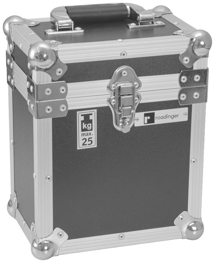 Schwarzer Transportkoffer mit silbernen Ecken und Griff. Aufschrift zeigt 'max. 25 kg' und 'roadinger'.
