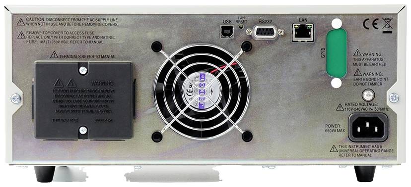 Rückansicht eines elektronischen Geräts mit Lüfter, Stromanschluss, USB-, RS232- und LAN-Anschlüssen sowie Sicherheitshinweisen.