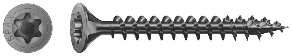 Metallschraube mit Senkkopf und Torx-Antrieb. Links die Kopfansicht, rechts die Seitenansicht mit Gewinde und Spitze.