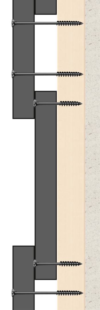 Schnittdarstellung einer Wandmontage mit Schrauben, die durch eine Schicht Holz in ein dahinterliegendes Material befestigt sind.