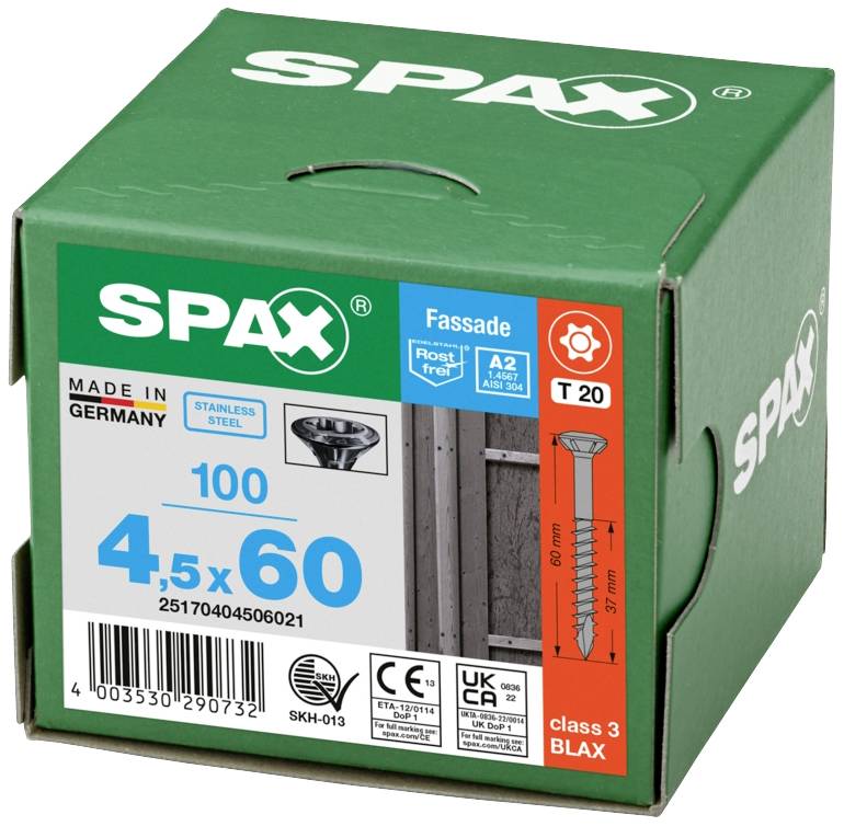 Grüne Verpackung mit 100 SPAX-Schrauben, Größe 4,5 x 60 mm, Edelstahl, für Fassaden. Made in Germany.