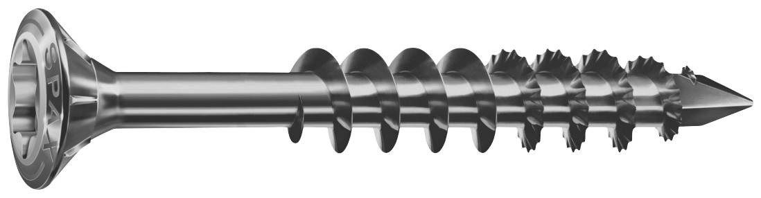 Eine Nahaufnahme einer Metallschraube mit einem spitzen Ende und flachem Kopf. Sie hat ein Gewinde, das sich um den Schaft windet.