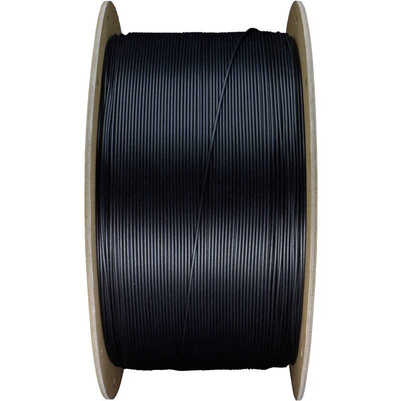 Eine große Spule mit schwarzem Filament, das für 3D-Drucker verwendet wird.