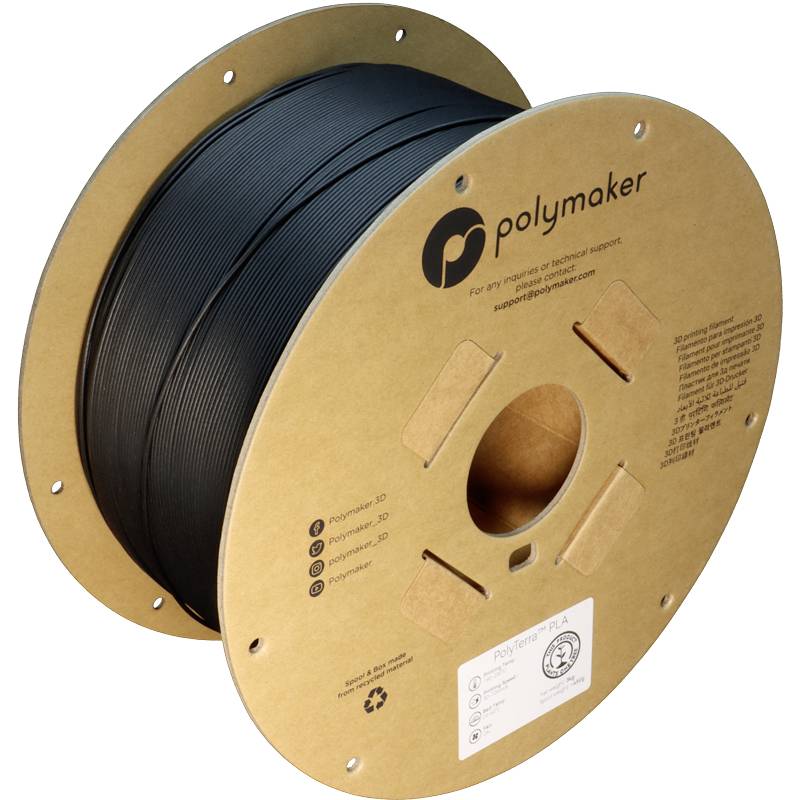 Eine große Spule mit schwarzem 3D-Drucker-Filament, gekennzeichnet mit 'Polymaker PolyTerra PLA'.