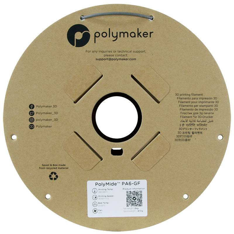 Polymaker PG02004 Filament PA6-GF chemisch beständig, Glasfaserverstärkt, hitzebeständig, hohe Steifigkeit 2.85mm 2000g Grau