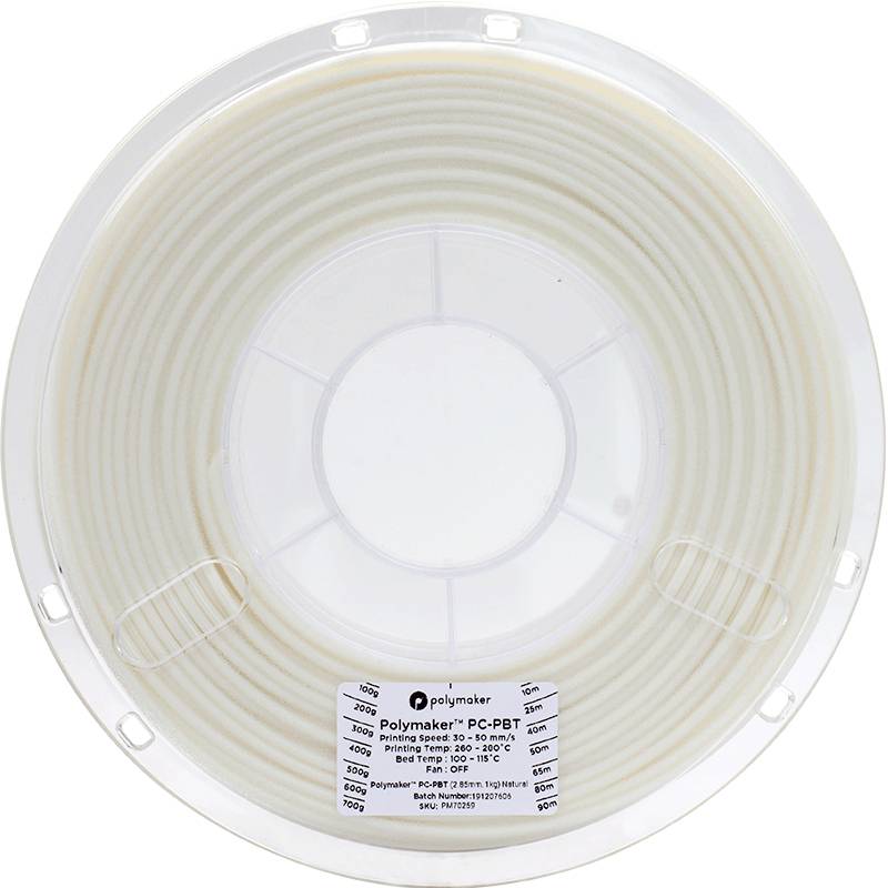 Spule mit weißem 3D-Druck-Filament. Etikett zeigt Marke 'Polymaker PC-PBT', Drucktemperatur 260-280°C, Gewicht 1000g.
