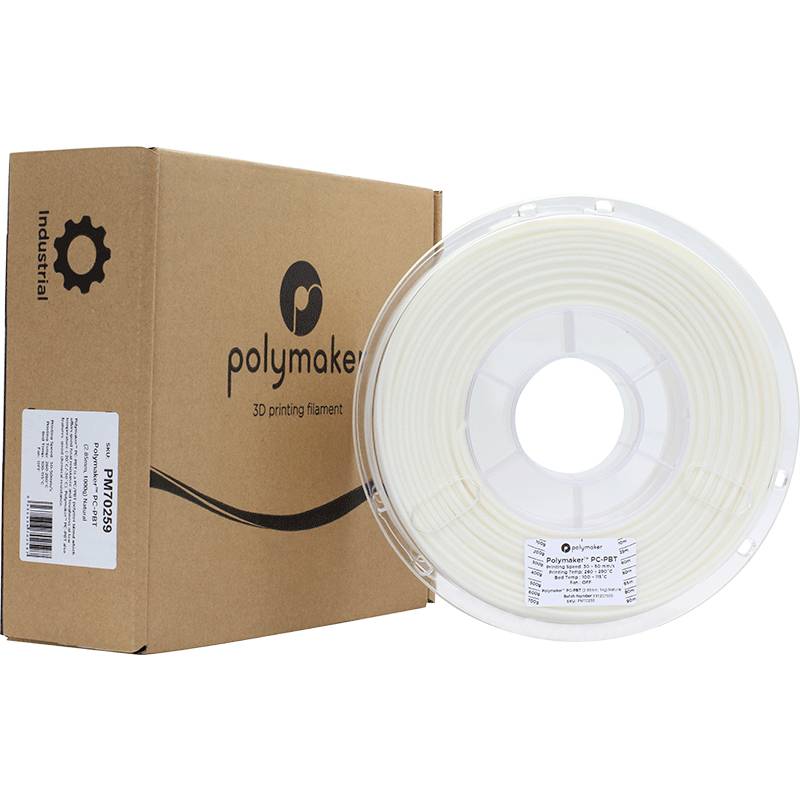 Verpackung und Spule mit 3D-Druckfilament der Marke Polymaker. Die Spule ist halbtransparent, das Filament ist hell.